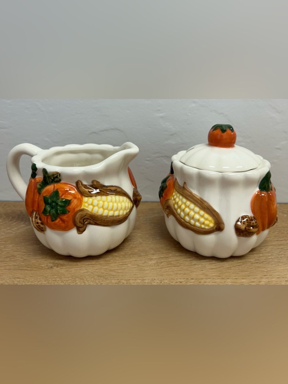 Cream Ceramic Pumpkin Creamer and Sugar Set with Orange Harvest Accents